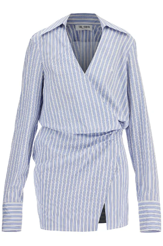 mini striped dress with v-neck, long sleeves, white and navy blue cotton, tied waist 250WCA00394CCC051AA WHITE/NAVY BLUE