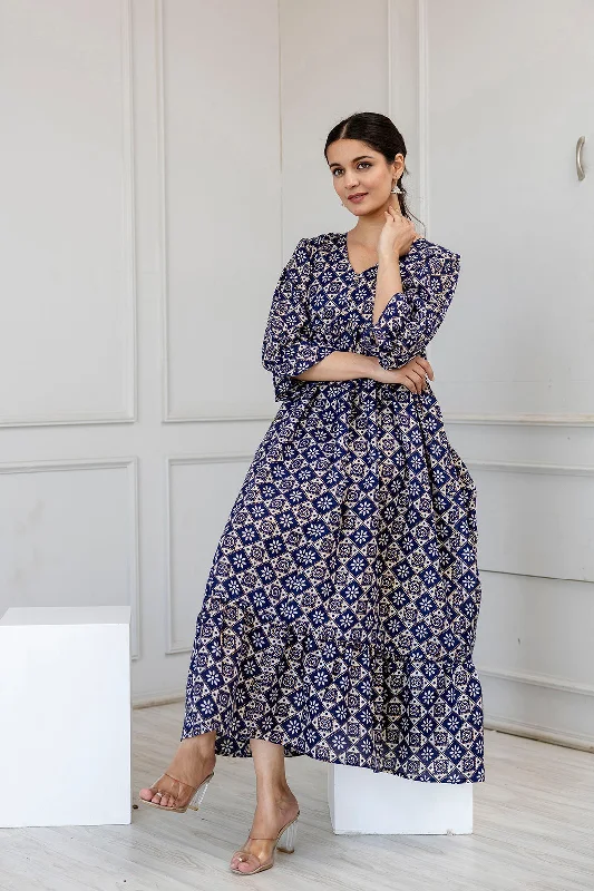 Women Blue Ethnic Printed Flared Dress - Rasiya