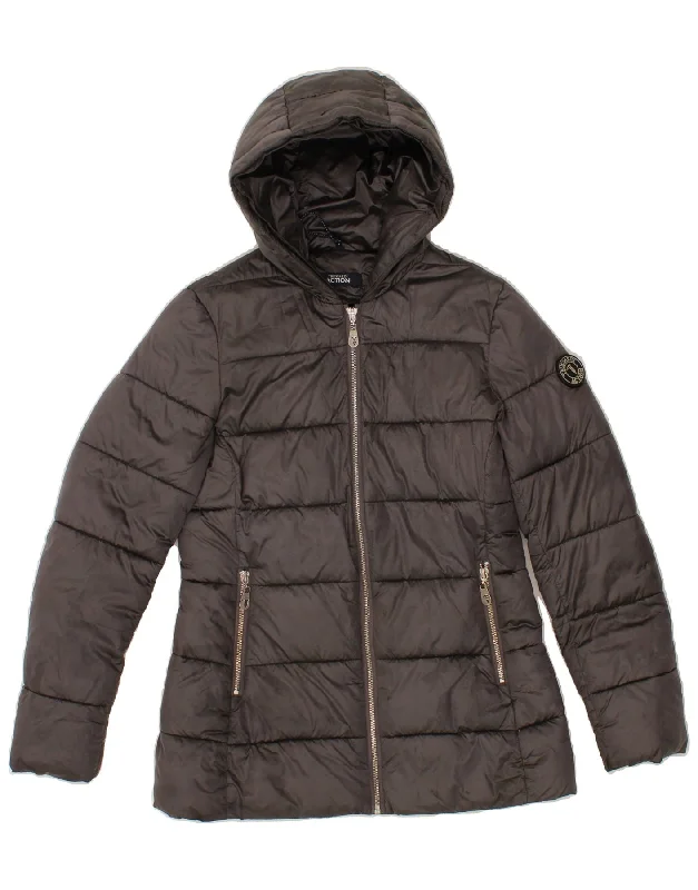 TRUSSARDI Womens Hooded Padded Jacket UK 6 XS Grey Nylon Collared Jacket Crew Neck Jacket Turtle Neck Jacket