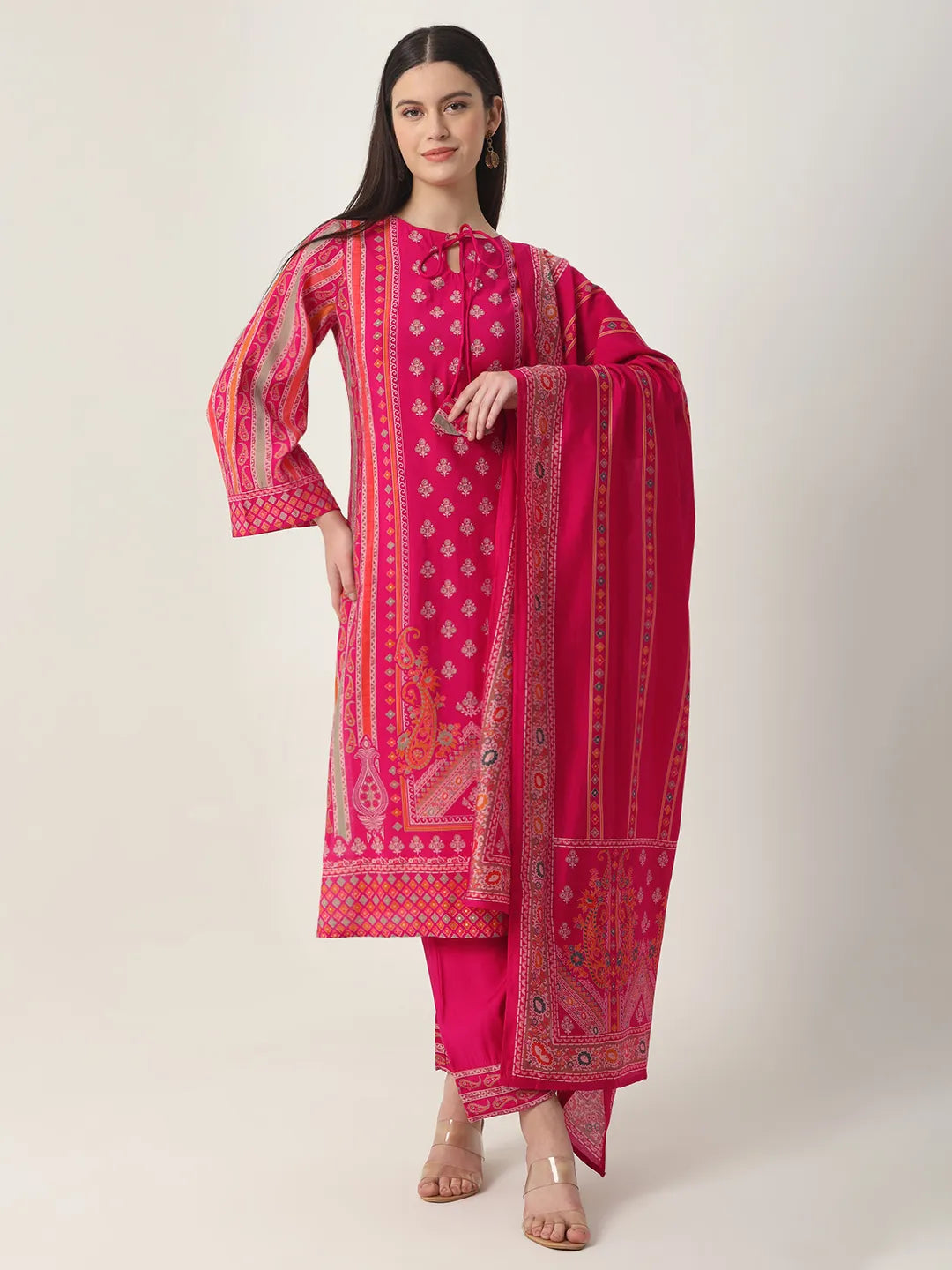 Yufta Pink Silk Tie Up Kurta Set With Pant & Dupatta Elegant Palazzo Trousers