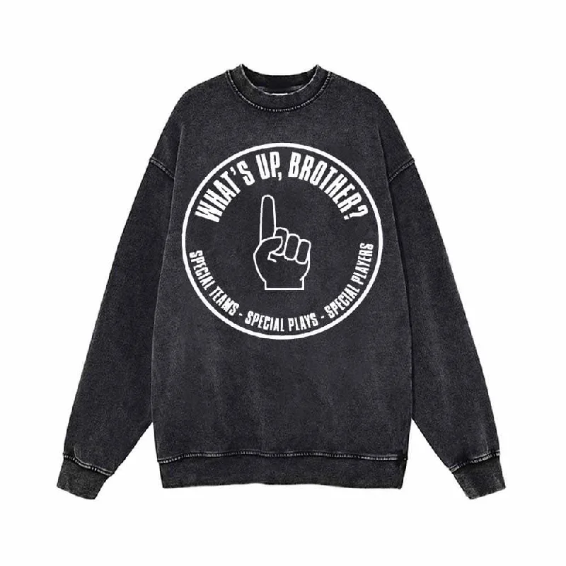 What’s Up Brother Vintage Washed Sweatshirt Hoodie with Front Slit Layering Stylish