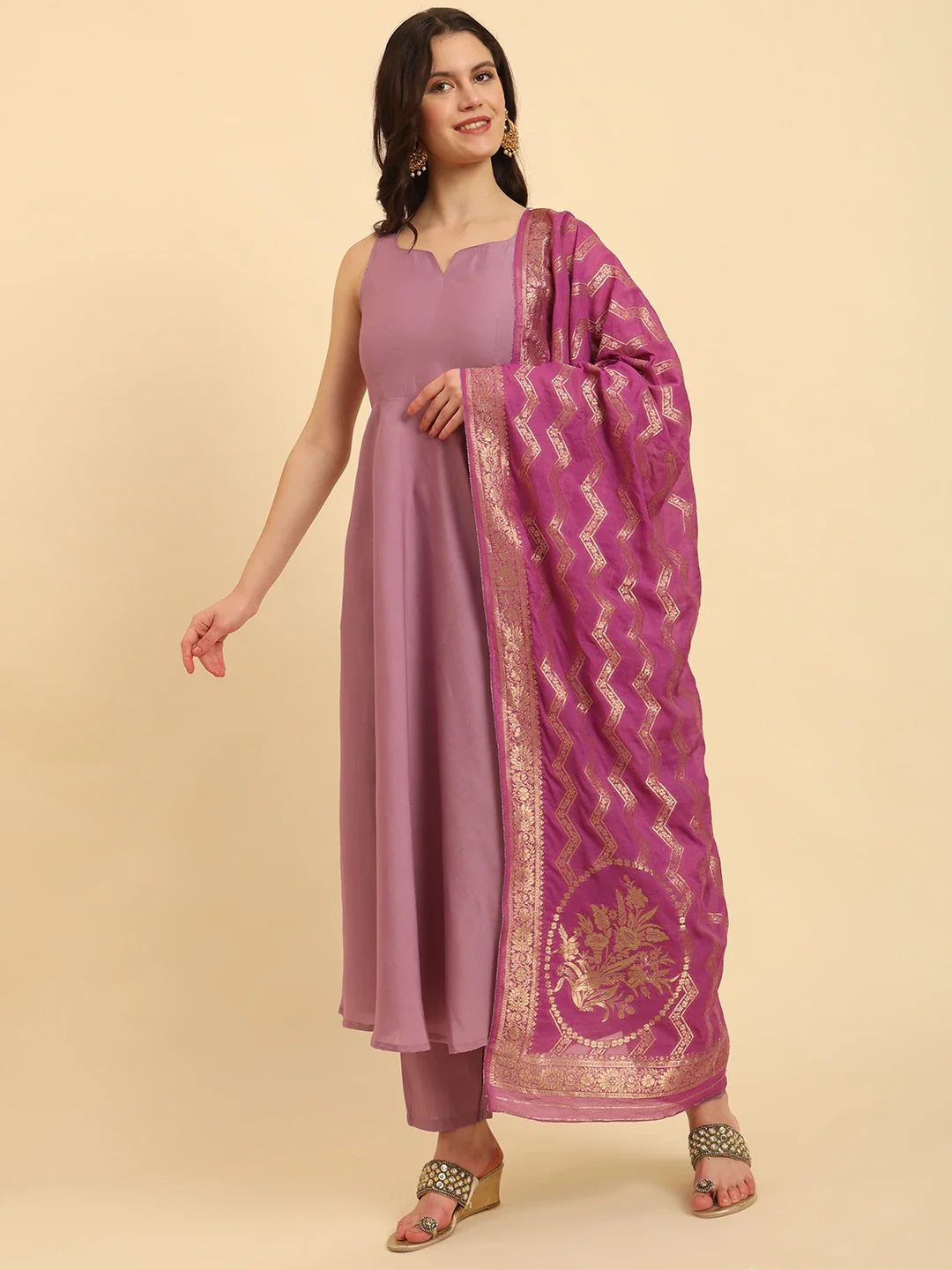 Yufta Purple Silk Sleeveless Kurta With Pant Banarasi Dupatta Set Casual Plaid Pants