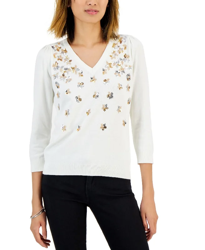 Charter Club Petite Embellished V Neck Sweater Solid Print Embellished