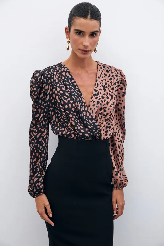 Silk Double-Breasted Patterned Bodysuit -  Black and Brown Comfortable Spaghetti Strap Bodysuit
