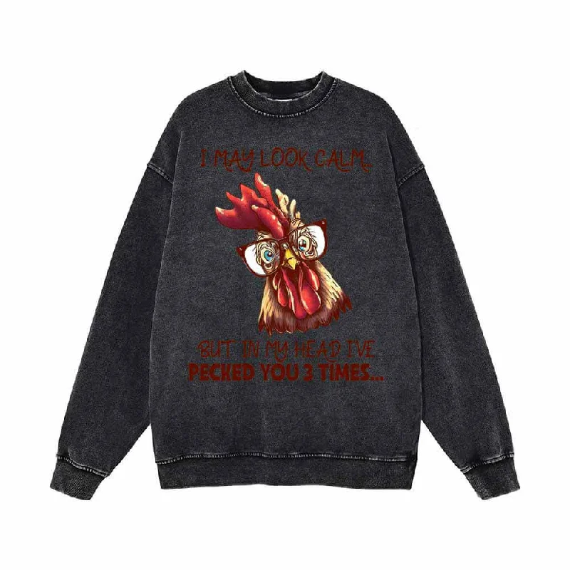 I May Look Calm Cock with Glasses Vintage Washed Sweatshirt Hoodie with Lace Feminine Delicate