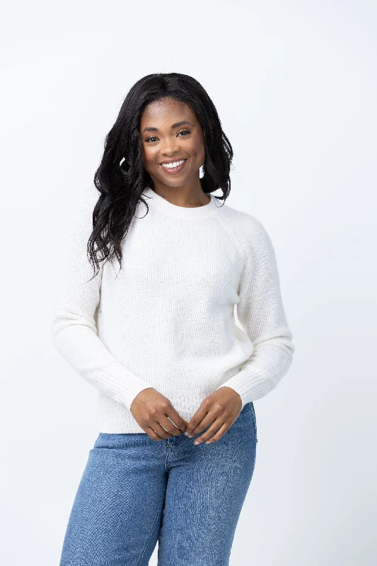 White + Warren Cashmere Waffle Sweatshirt in Soft White Hoodie with Hem Embroidery Detailed Premium