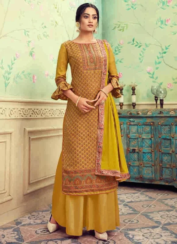 Mustard Pure Hand Weaving Jaquard Palazzo Dress Tunics Sophisticated sleek