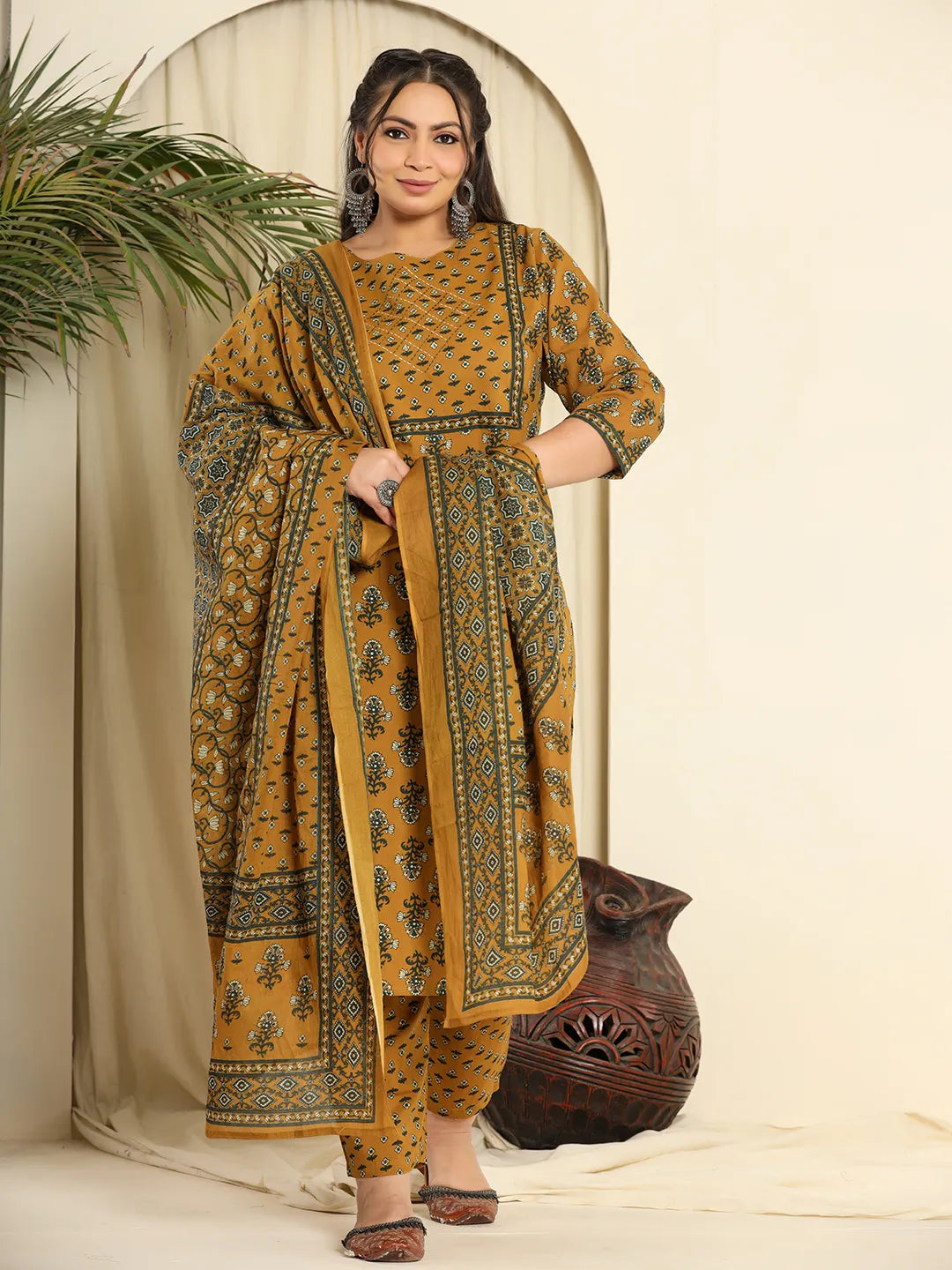 Yufta Mustard Pure Cotton Kantha Work Kurta Dupatta Pant Set With Handwork Comfortable Wide-Leg Pants
