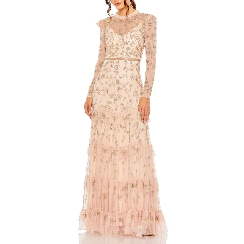 Womens Beaded Ruffled Evening Dress
