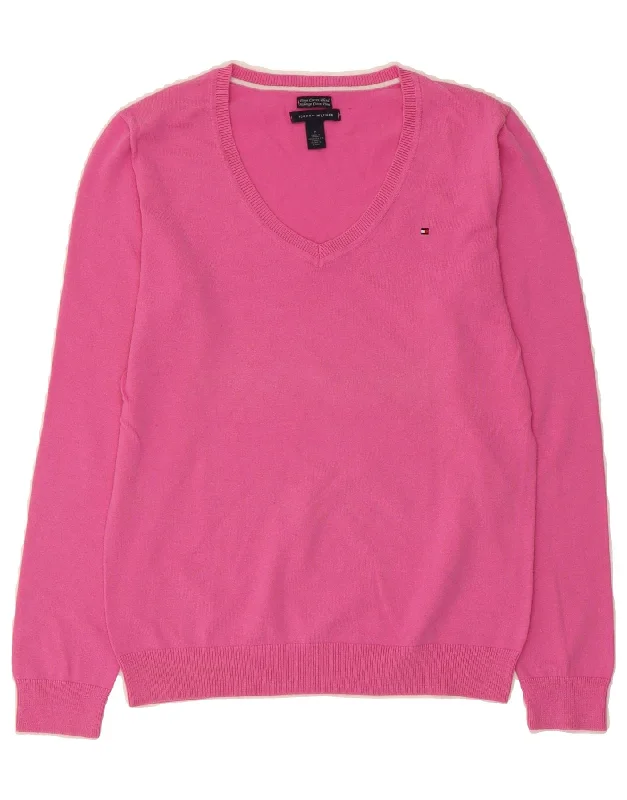 TOMMY HILFIGER Womens V-Neck Jumper Sweater UK 14 Medium Pink Cotton Bright Pastel Dark