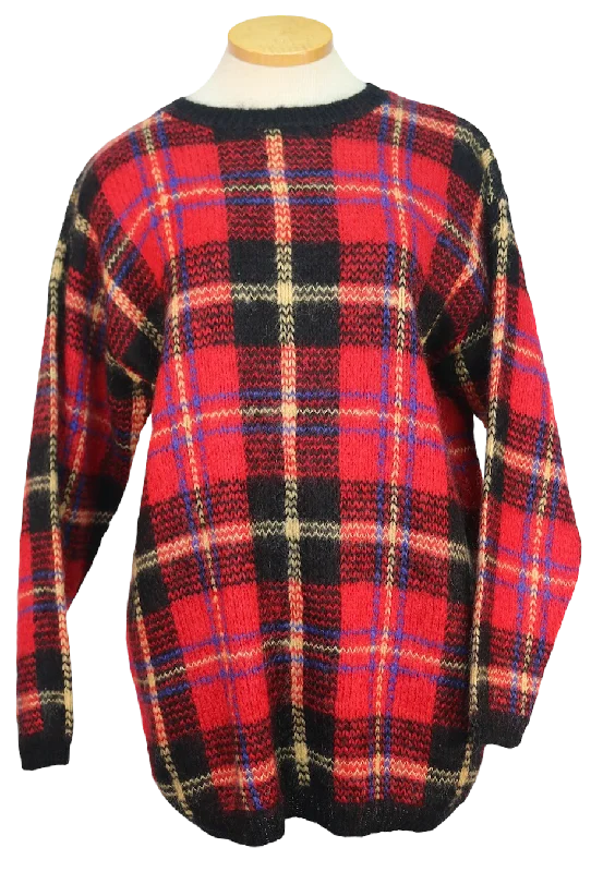 80s Karen Scott Red.Blk/Yllw Plaid Tunic Sweater       S Herringbone Houndstooth Plaid