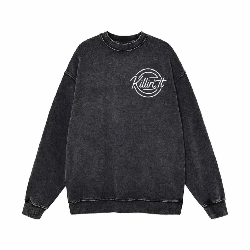 Killin It Round Print Vintage Washed Sweatshirt Hoodie with Slit Hem Functional Movement