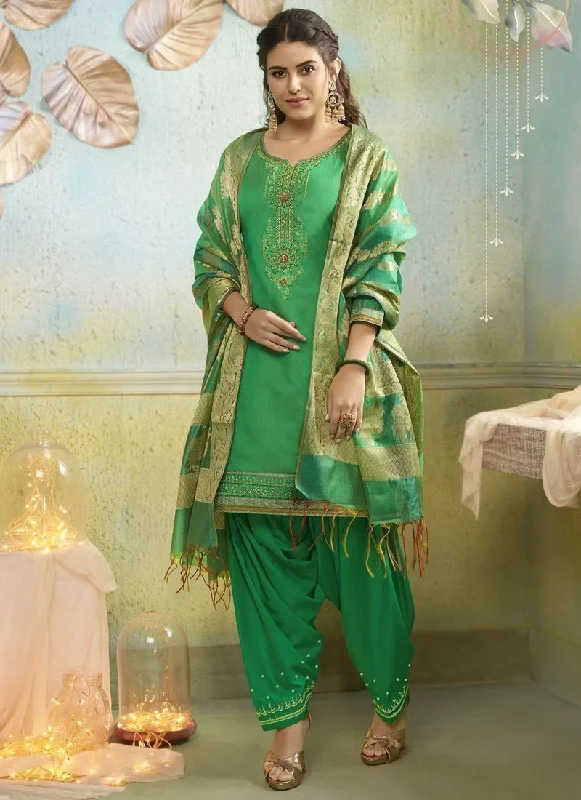Green Chanderi Patiyala Dress Tunics Brand named