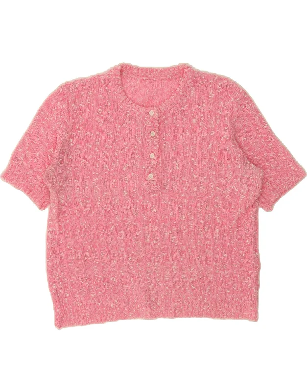 VINTAGE Womens Crop Crew Neck Jumper Sweater UK 12 Medium Pink Flecked Seamless Knitted Crochet