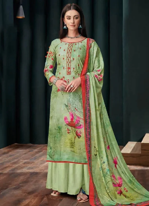 Light Green Pure Zam Slub Palazzo Dress Tunics Lace romantic