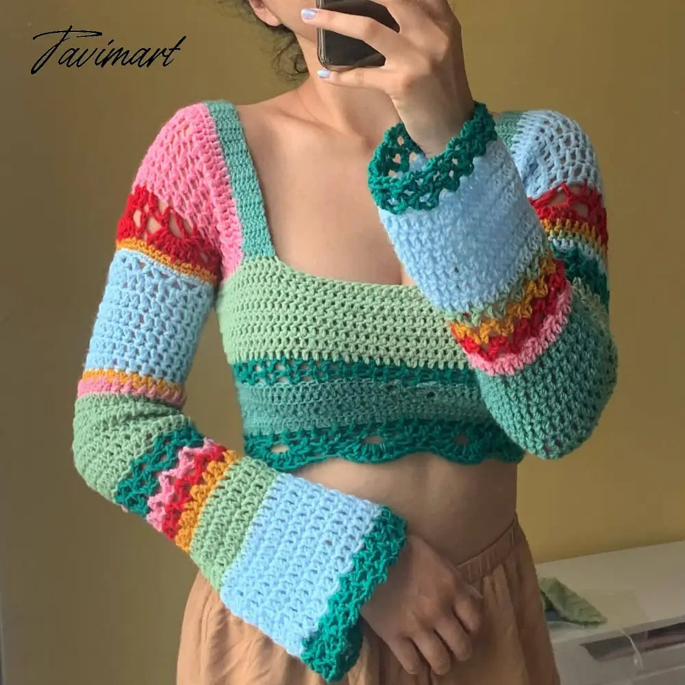 Tavimart Y2K Crochet Knit Crop Top Color Block Squared Neck Flared Sleeve Sweater Cottage Core Aesthetic Outfit Chenille Brocade Lace