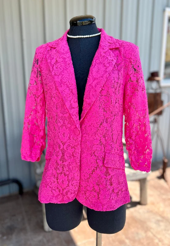 Lace Ruched Sleeve Blazer Jacket in Pink Zippered Jacket Buttoned Jacket Snapped Jacket