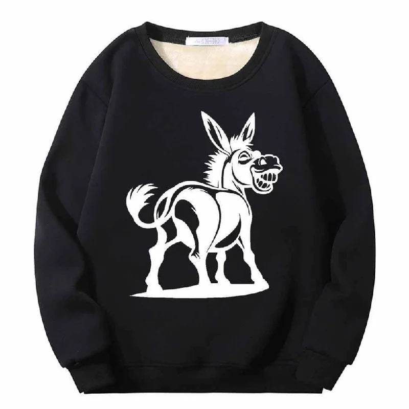 Funny Cartoon Donkey Pattern Fleece Sherpa Sweatshirt Hoodie with Embroidery Detailed Premium