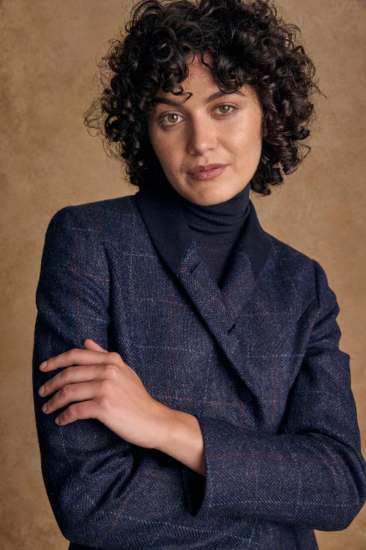 Nicole Tweed Jacket - Navy Windowpane Front Pockets Side Pockets Patch Pockets