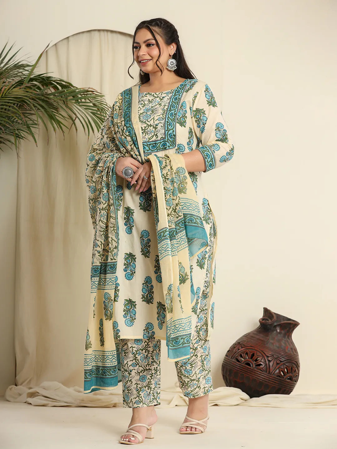 Yufta Cream Pure Cotton Kurta Set With Pant & Dupatta Warm Wool Trousers