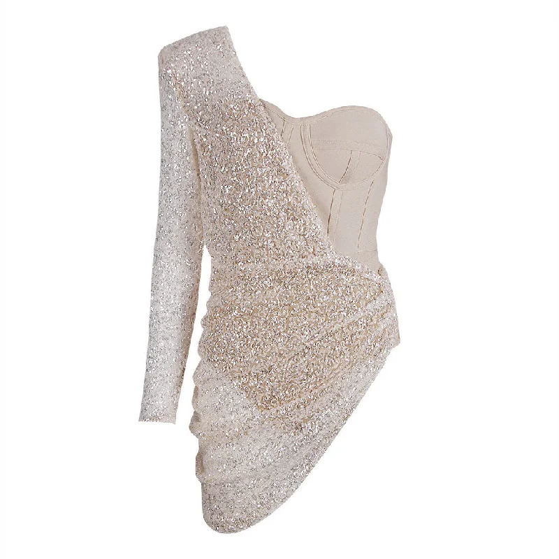 Asymmetric Drape One Shoulder Sweetheart Bustier Ruched Sequin Bodysuit Stylish Mock Neck Bodysuit