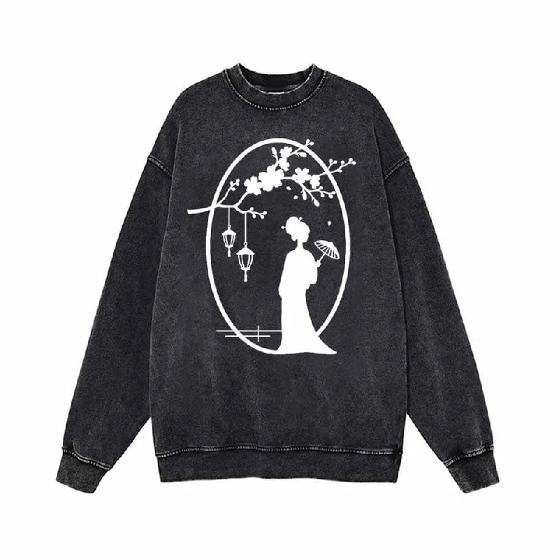 Chinese Beauty Plum Blossom Vintage Washed Sweatshirt Hoodie with Tie-Dye Psychedelic Retro