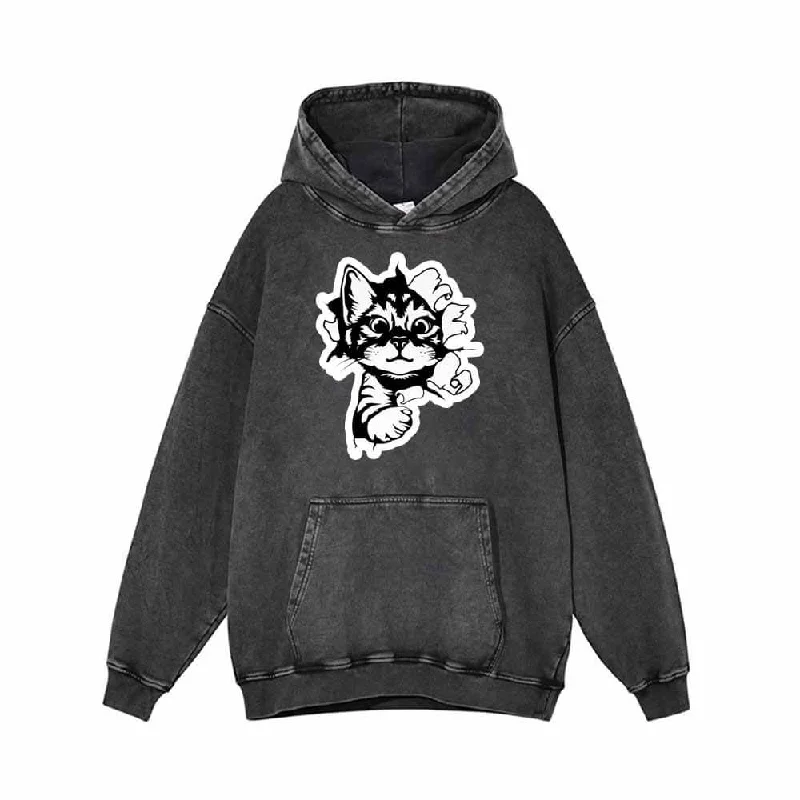 Running Lively Cat On The Wall Vintage Washed Hoodie Hoodie with Hem Elastic Stretchable Comfortable