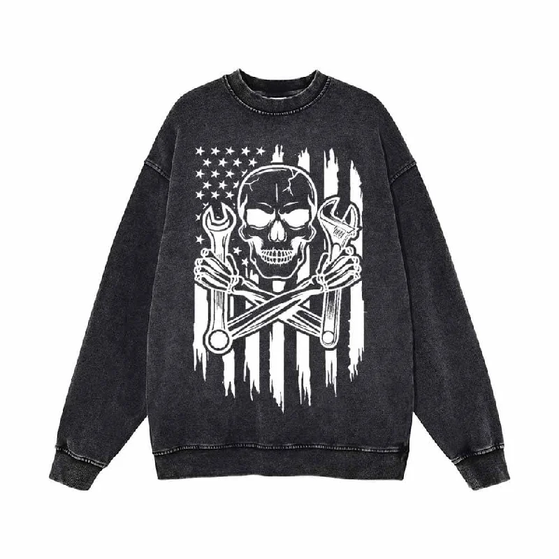 Skull Mechanic Wrenches US Flag Vintage Washed Sweatshirt Oversized Hoodie Comfort Casual
