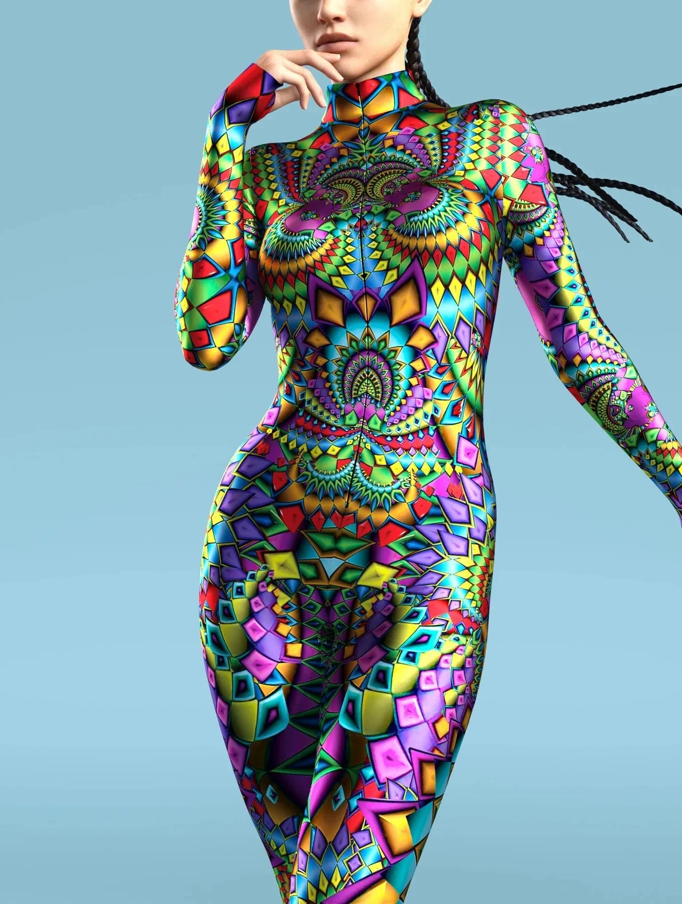 Multicolour Hypnotic Bodysuit - Rainbow Fractal Skinny Jumpsuit Wear Onesie Doof Costume Elastic Bodysuits Rave Rompers Comfortable Lace Bodysuit Top