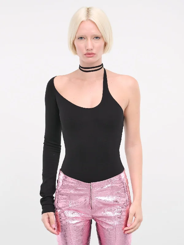 Asymmetric Cut-Out Bodysuit (DK83BS-BLACK) Elegant Bodysuit with Lace Trim