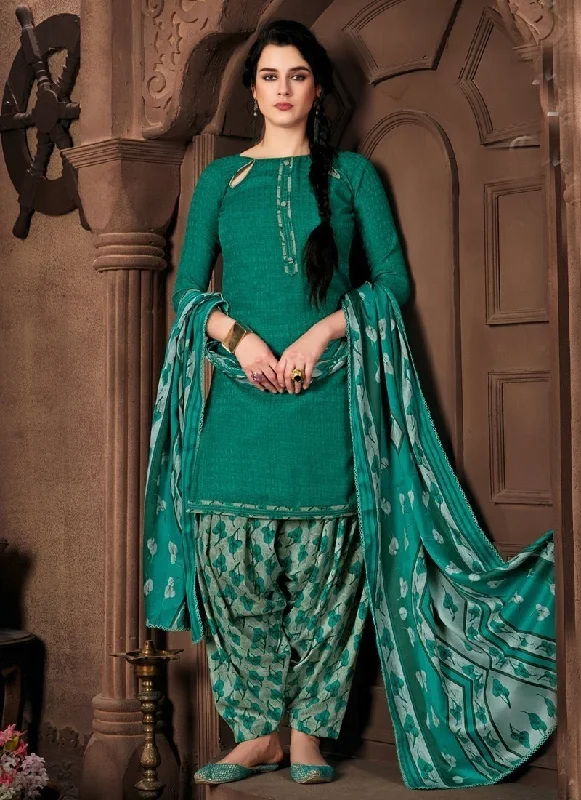 Green Pure Pashmina Jacquard Patiyala Dress Crew Neckline Casual