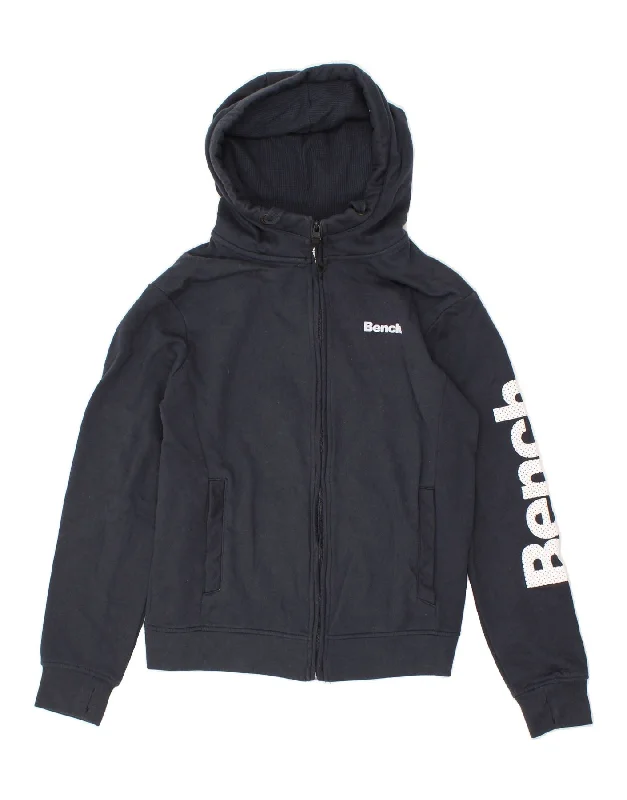 BENCH Womens Graphic Zip Hoodie Sweater UK 10 Small Navy Blue Cotton Machine Wash Dry Clean Hand Wash