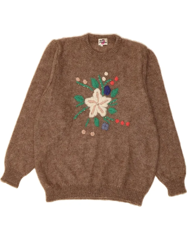 VINTAGE Womens Crew Neck Jumper Sweater IT 44 Medium Brown Floral Ribbed Striped Patterned