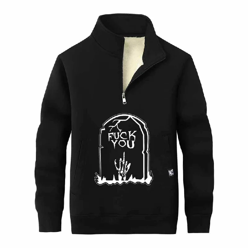 Fuck You Skull Grave Zip Fleece Sherpa Sweatshirt Hoodie with Illustration Artistic Creative