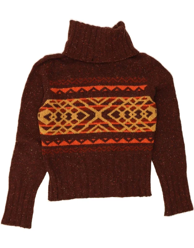 HUGO BOSS Womens Roll Neck Jumper Sweater UK 12 Medium Brown Fair Isle Terry Blend Velvet Blend Canvas Blend