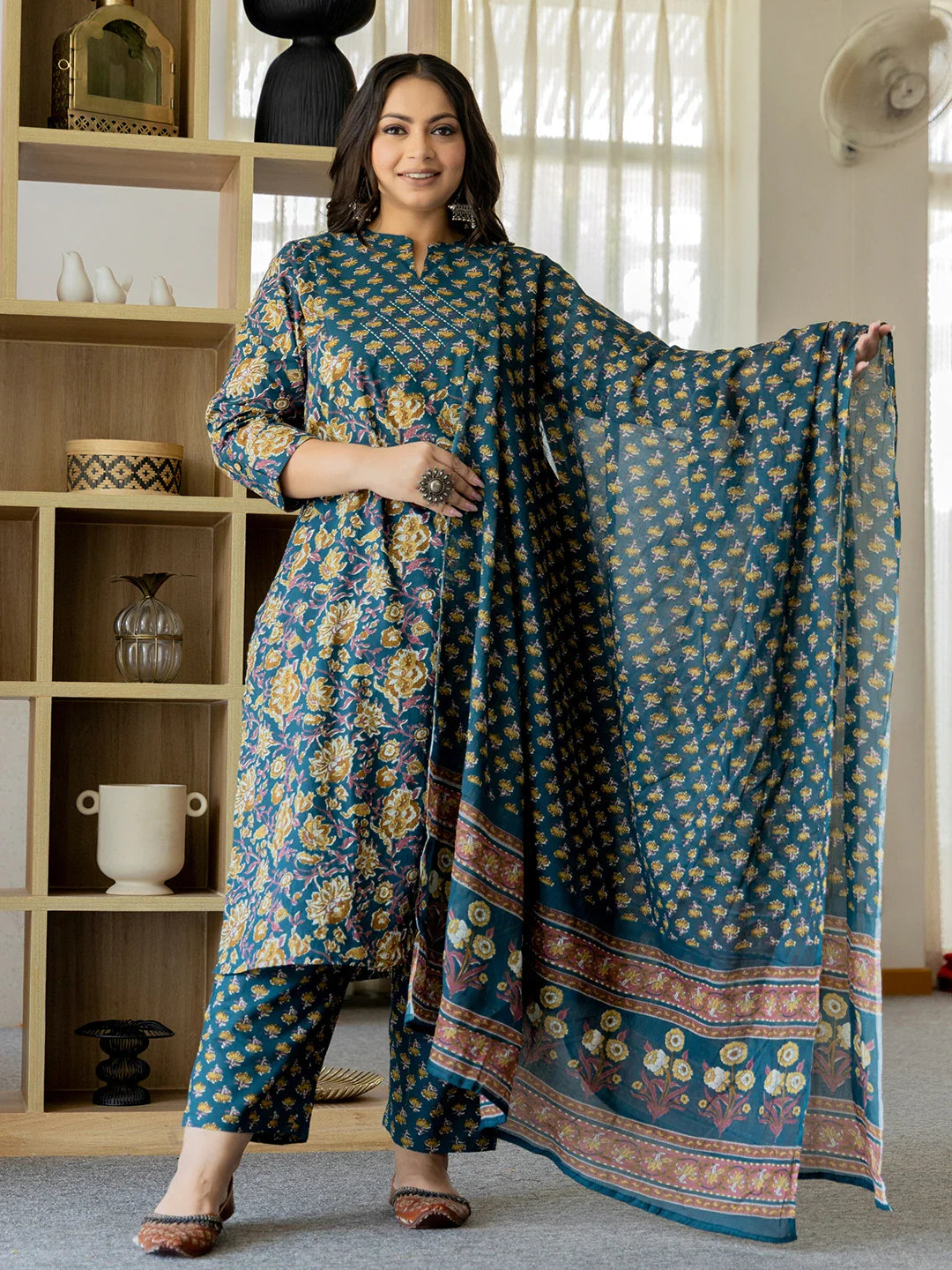 Yufta Pure Cotton Teal Green Kurta Dupatta Pant Set With Handwork Comfortable Jogger Trousers