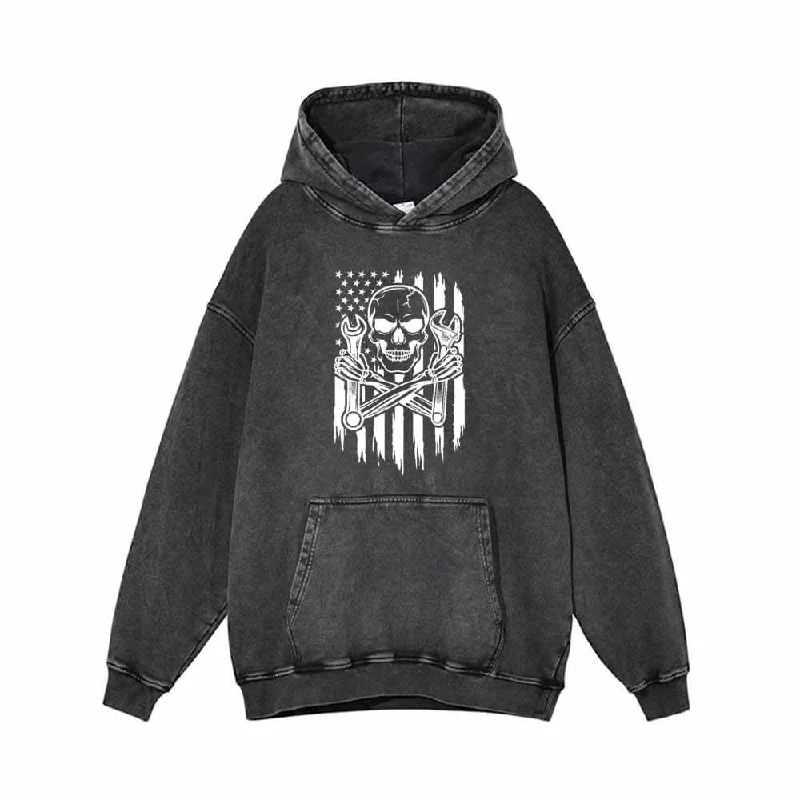 Skull Mechanic Wrenches US Flag Vintage Washed Hoodie Hoodie with Raglan Sleeves Sporty Comfortable