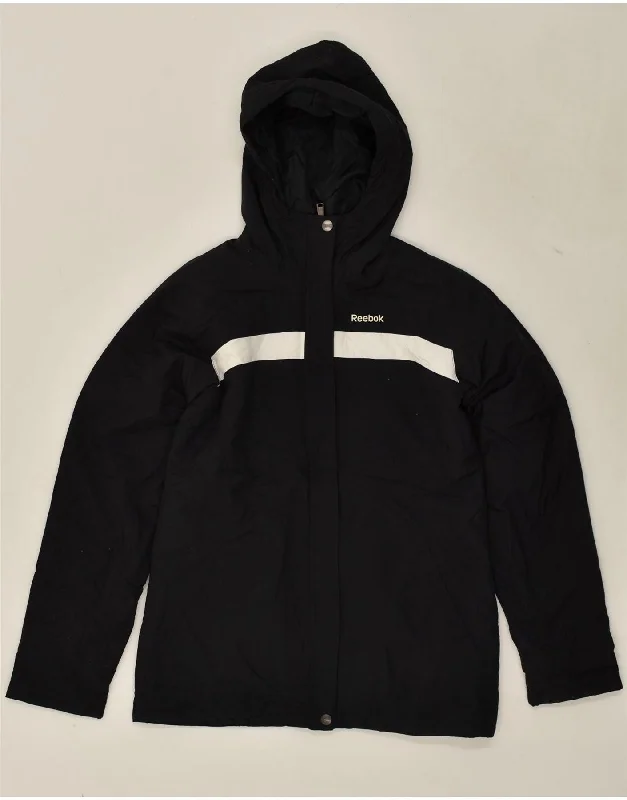 REEBOK Womens Hooded Windbreaker Jacket UK 10 Small Black Polyester Satin Jacket Silk Jacket Chiffon Jacket