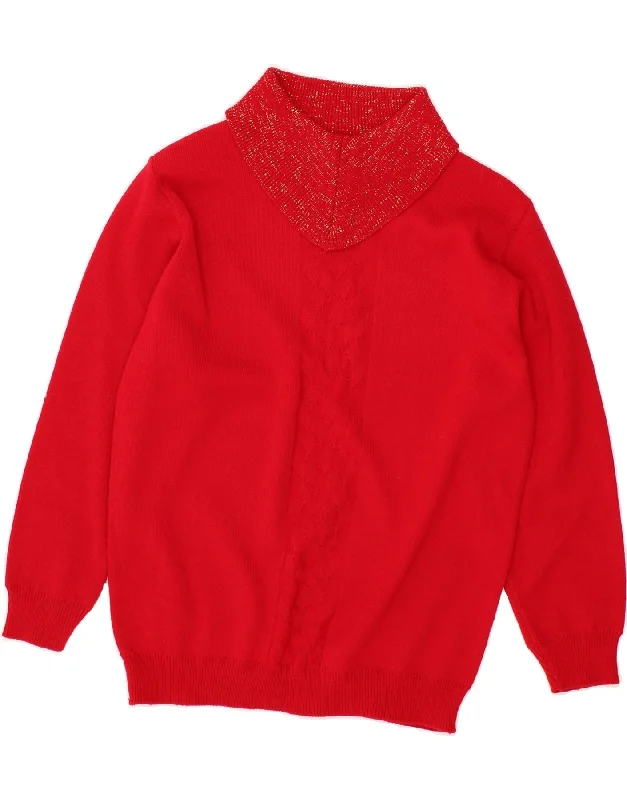 VINTAGE Womens Turtle Neck Jumper Sweater UK 16 Large Red Acrylic Toggled Drawstring Belted