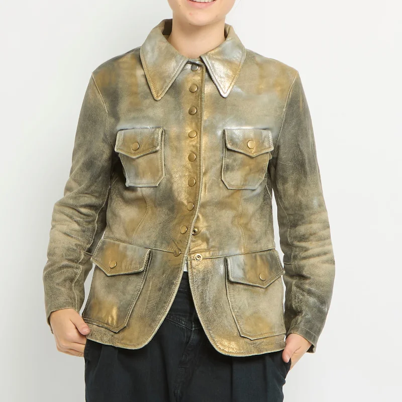 Leather Metallic Spray Stud Detail Multi Pocket Jacket- UK 10 Hooded Jacket Caped Jacket Shawl Collar Jacket