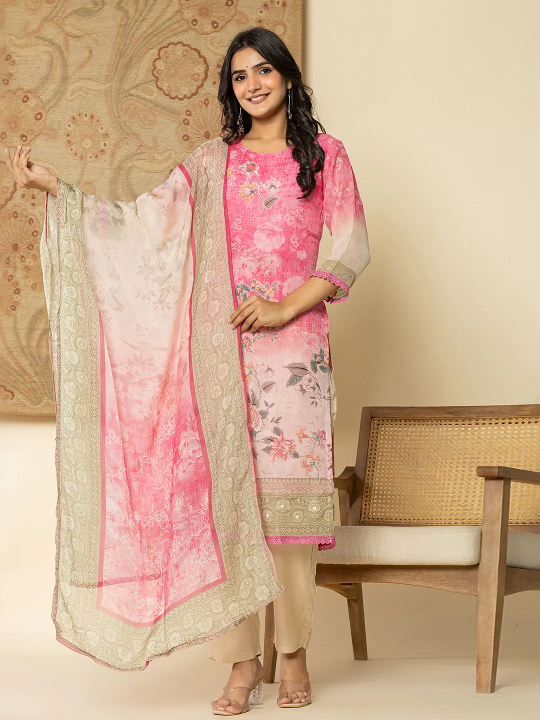 Yufta Oragnza Kurta Set With Pant And Dupatta Comes With Cotton Lining And Intricate Embroideries Casual Skinny Fit Pants