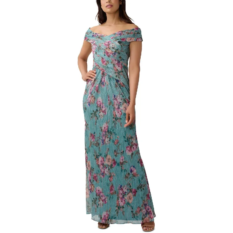 Womens Metallic Pleated Evening Dress