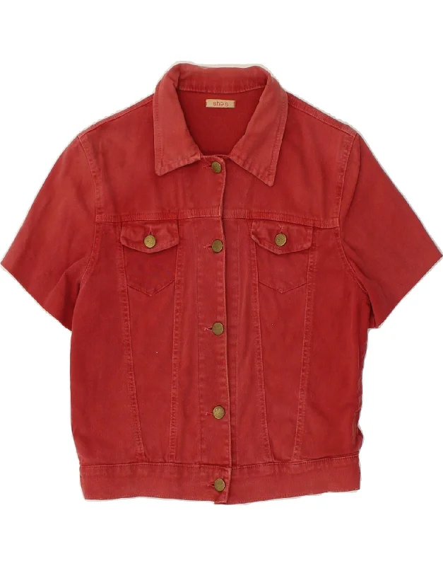 VINTAGE Womens Short Sleeve Denim Jacket UK 10 Small Red Cotton Embroidered Jacket Appliqued Jacket Beaded Jacket