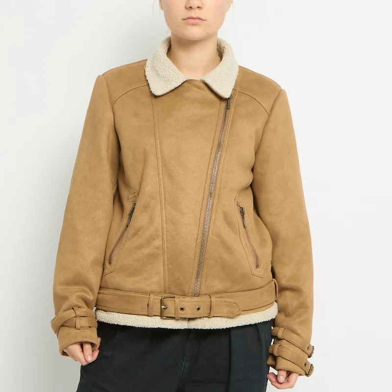Faux Suede Belted Biker Style Jacket -UK 12 Zip Front Button Front Snap Front
