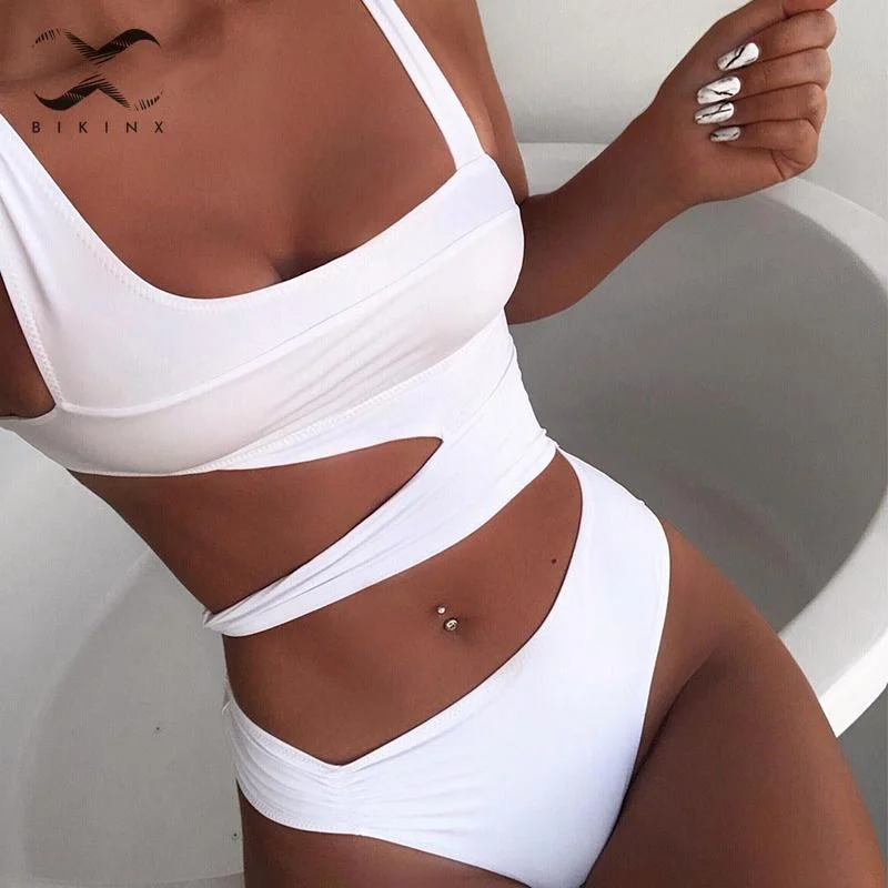 Hollow out bikinis 2020 Mujer Push up swimsuit female High cut swimwear women bodysuits one-piece White bathing suit monokini Trendy High-Leg Bodysuit