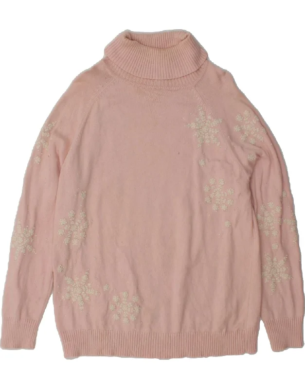 EDDIE BAUER Womens Roll Neck Jumper Sweater UK 18 XL Pink Floral Cotton Fleece Fabric Down Fabric Feather Fabric