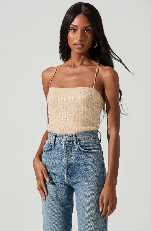 Zahara Beaded Strappy Bodysuit in Nude Comfortable Bodysuit with Long Sleeves