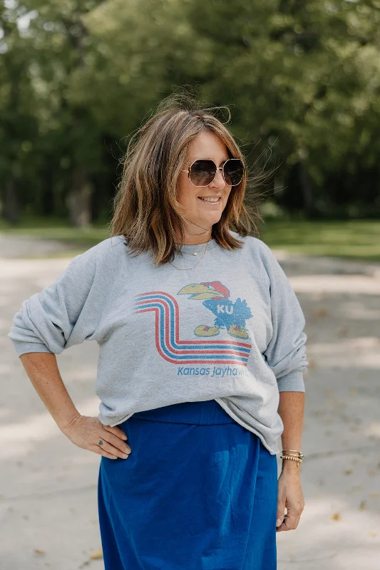 Retro x Blond Genius - KU Kansas Jay Hawks Vintage French Terry Cut Hem Sweatshirt in Heather Grey Hoodie with Elastic Waist Stretchable Comfortable