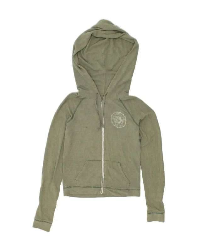 ABERCROMBIE & FITCH Womens Crop Zip Hoodie Sweater UK 6 XS Khaki Sweater Knitwear Pullover