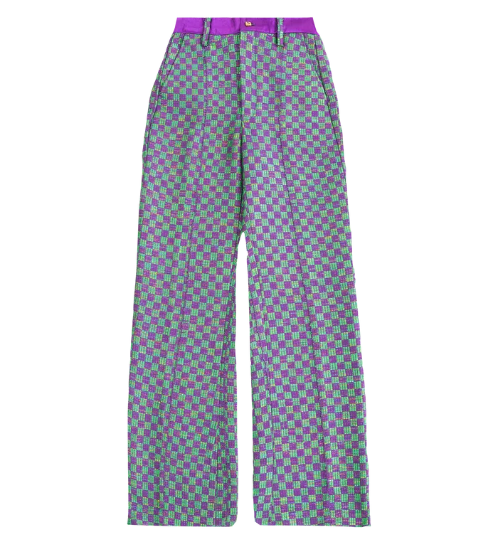 The Tsisti II purple and green high-waisted pants with a duchess satin belt Formal Dress Pants